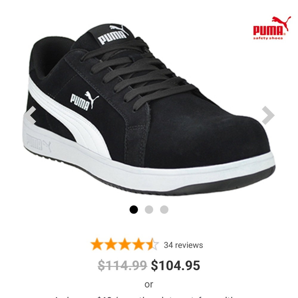 Puma Women’s Black and White composite toe work shoes.